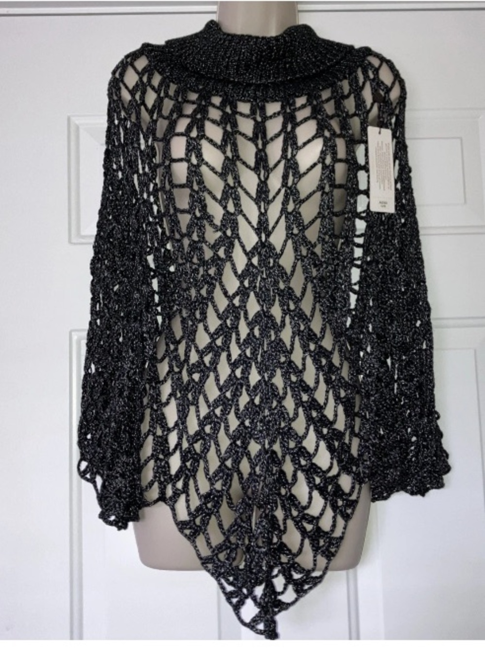 New Kerisma Metallic Gray Shawl Cowl Cape Sweater Open Knit Boho Whimsy Goth Net